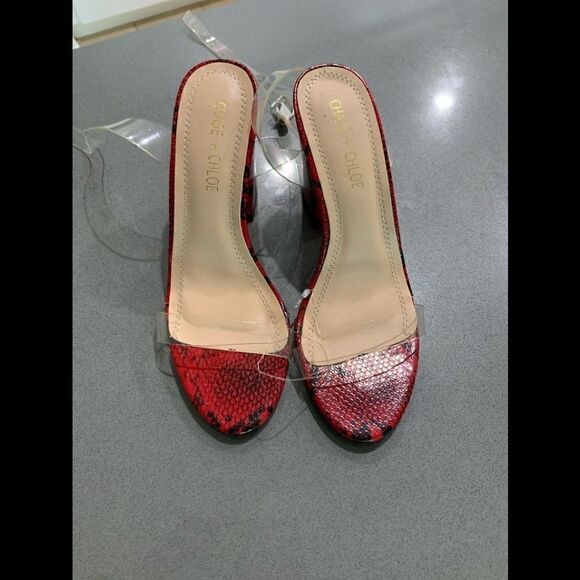 Chase + Chloe Lennon-1 Black Red Transparent Snake Sandals Block Heels Size 7 - Picture 2 of 4